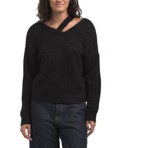 VENTI Black Fuzzy V-neck Peekaboo Shoulder Sweater